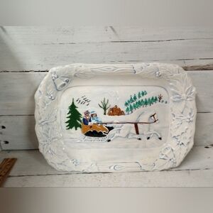 Folk Art Hobbyist Vintage Handpainted Platter Winter Landscape Horse Snow 1973.
